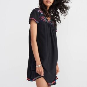 Madewell Embroidered Silk black short sleeve mini Dress L